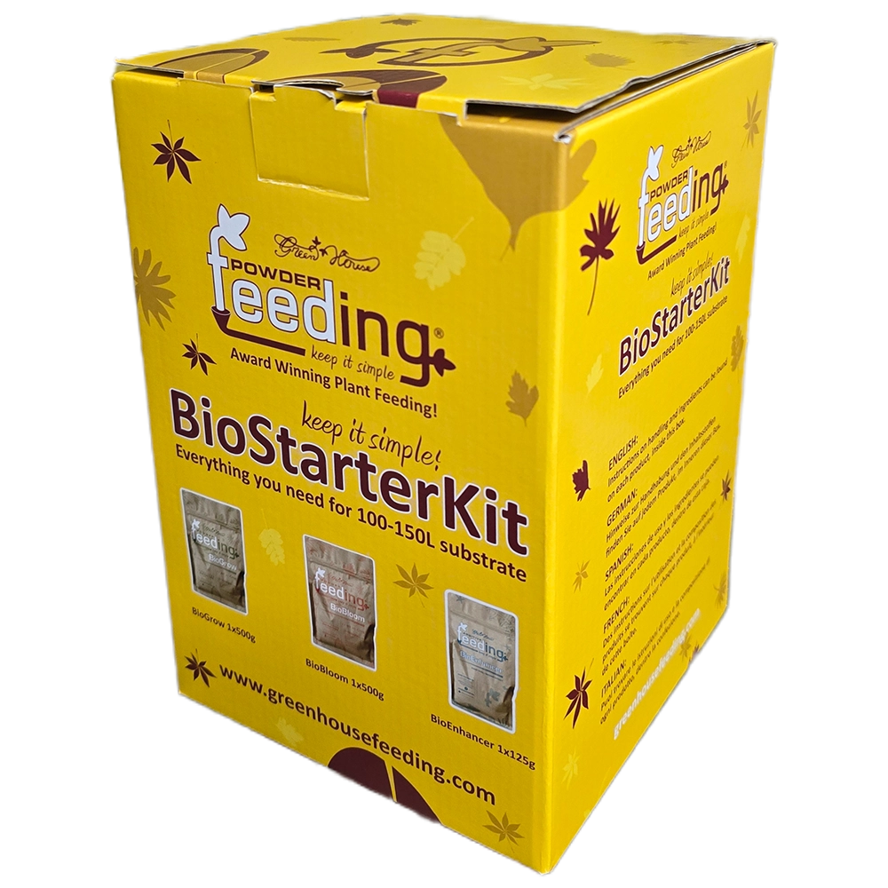Green House Feeding BioStarterKit Gelbe Verpackung des Green House Feeding BioStarterKits in Schrägansicht