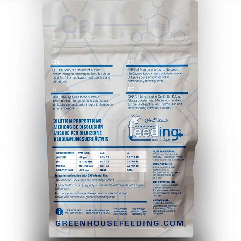 Green House Feeding CalMag 500g Rückseite Rückseite des Green House Feeding CalMag Beutels mit 500 Gramm