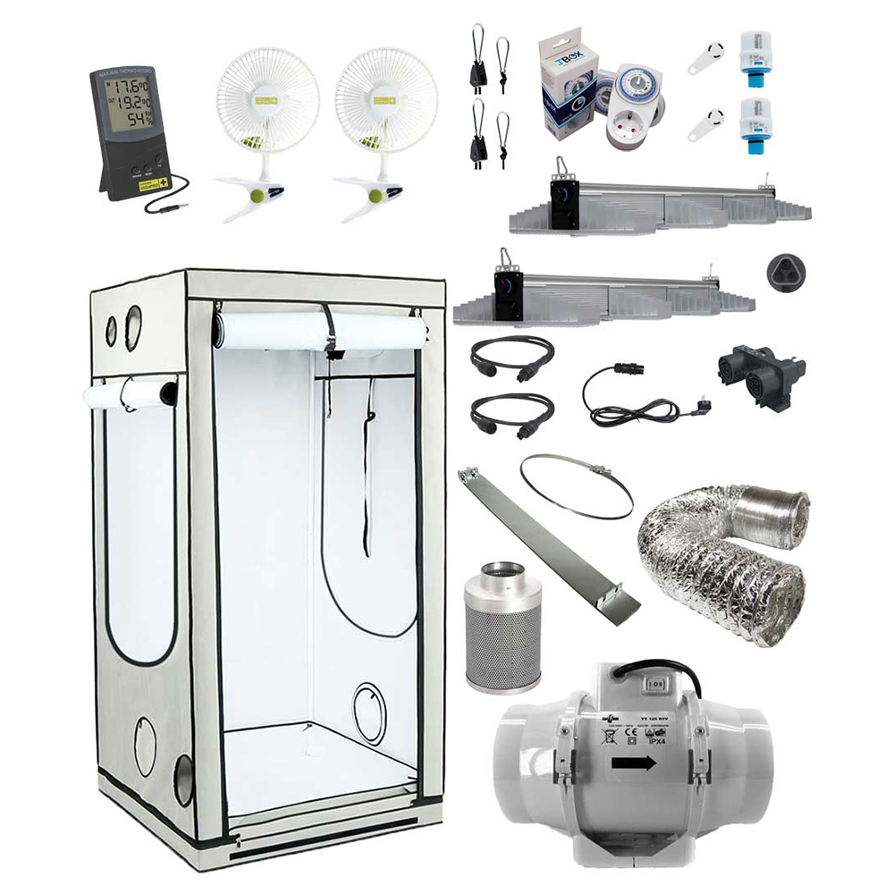 Homebox AQ100 mit 2x Sanlight EVO 4-100 EXPERT und Abluftsystem S Growversand Komplettset Homebox-AQ100-Sanlight-Evo-4-100 M EXPERT 500W Abluftset S