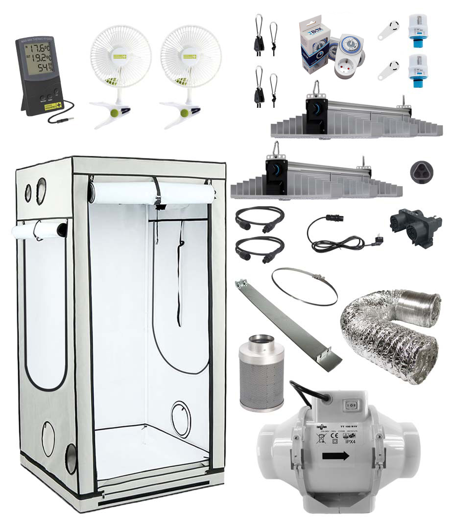 Homebox AQ100 mit 2x Sanlight EVO 3-100 ECO und Abluftsystem S Growversand Komplettset Homebox AQ100 Sanlight M ECO Evo 3-100 380W Abluftset S