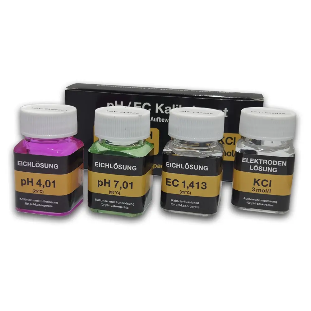 pH/EC Kalibrierset – 4 × 50 ml (pH 4,01 / pH 7,01 / EC 1,413 / KCl 3 mol/l)