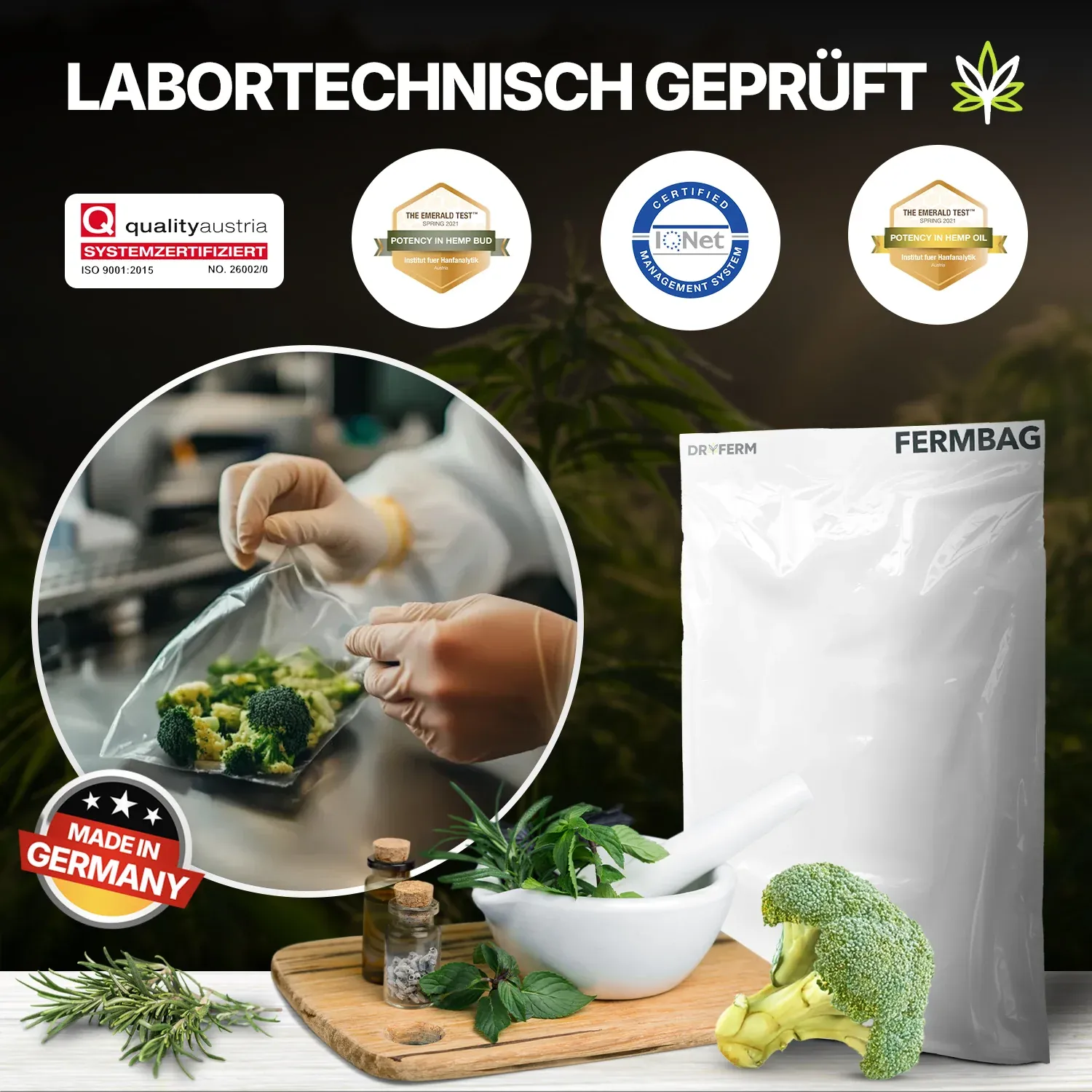 Dryferm Bag Prüfsiegel Grafik mit Prüfsiegeln und Herstellungsnachweis der Dryferm Bags