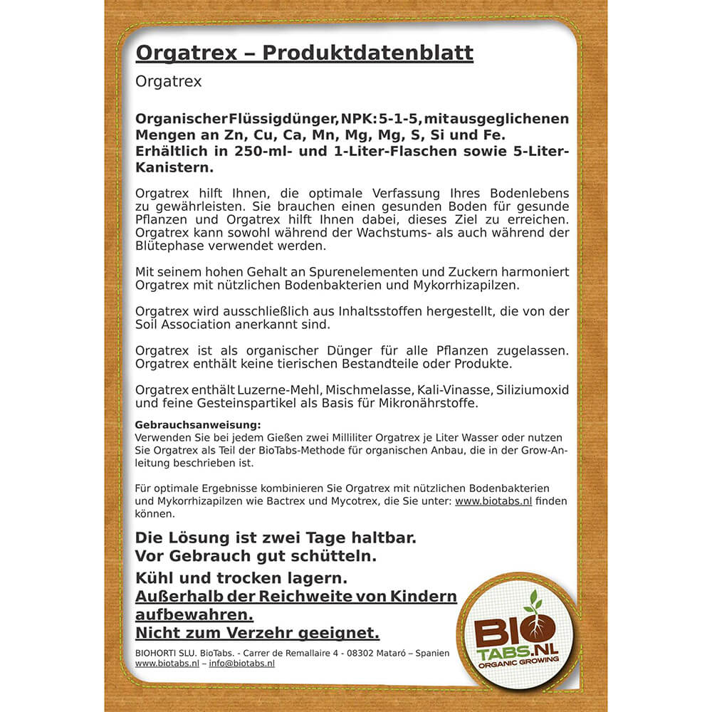 Biotabs Orgatrex Produktdatenblatt