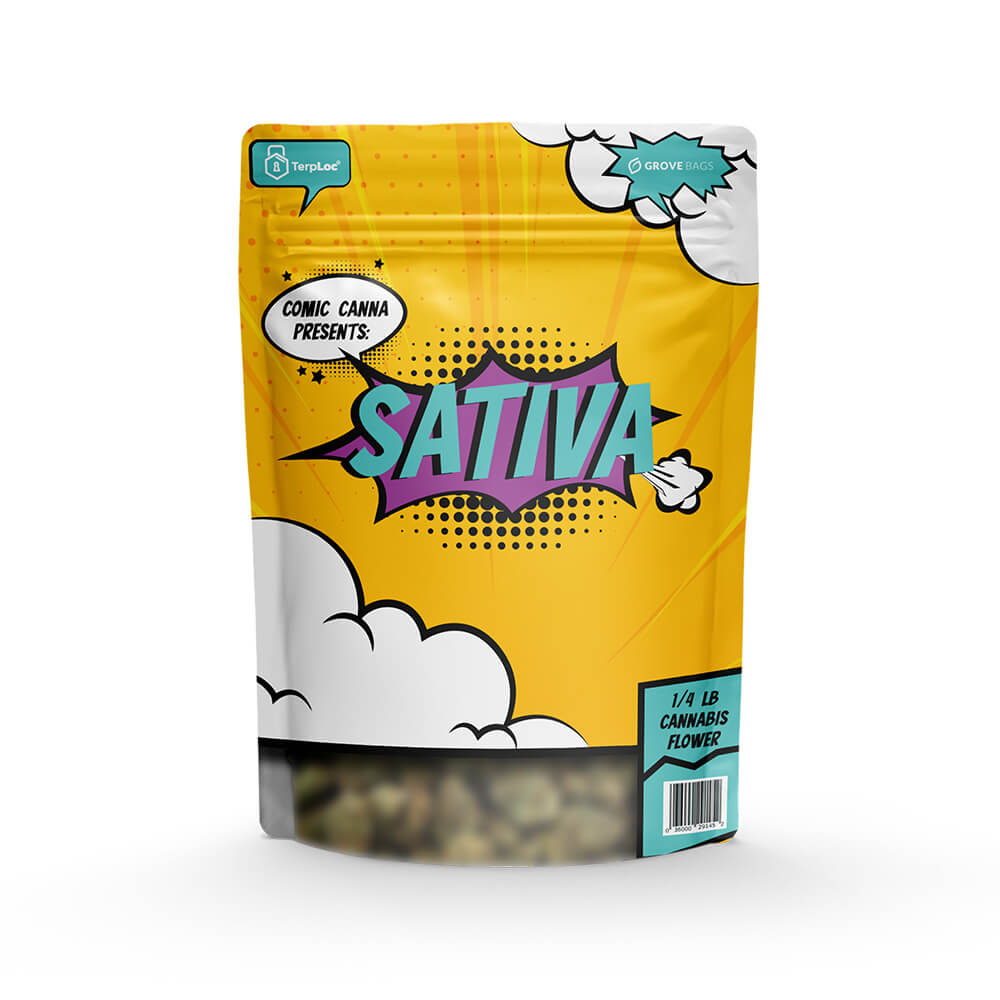 Grove Bags Comic Canna Sativa - TerpLoc® CR mit Fenster - 113 g - Kindersichere Premium Aufbewahrung Growversand Grove Bags Sativa 1