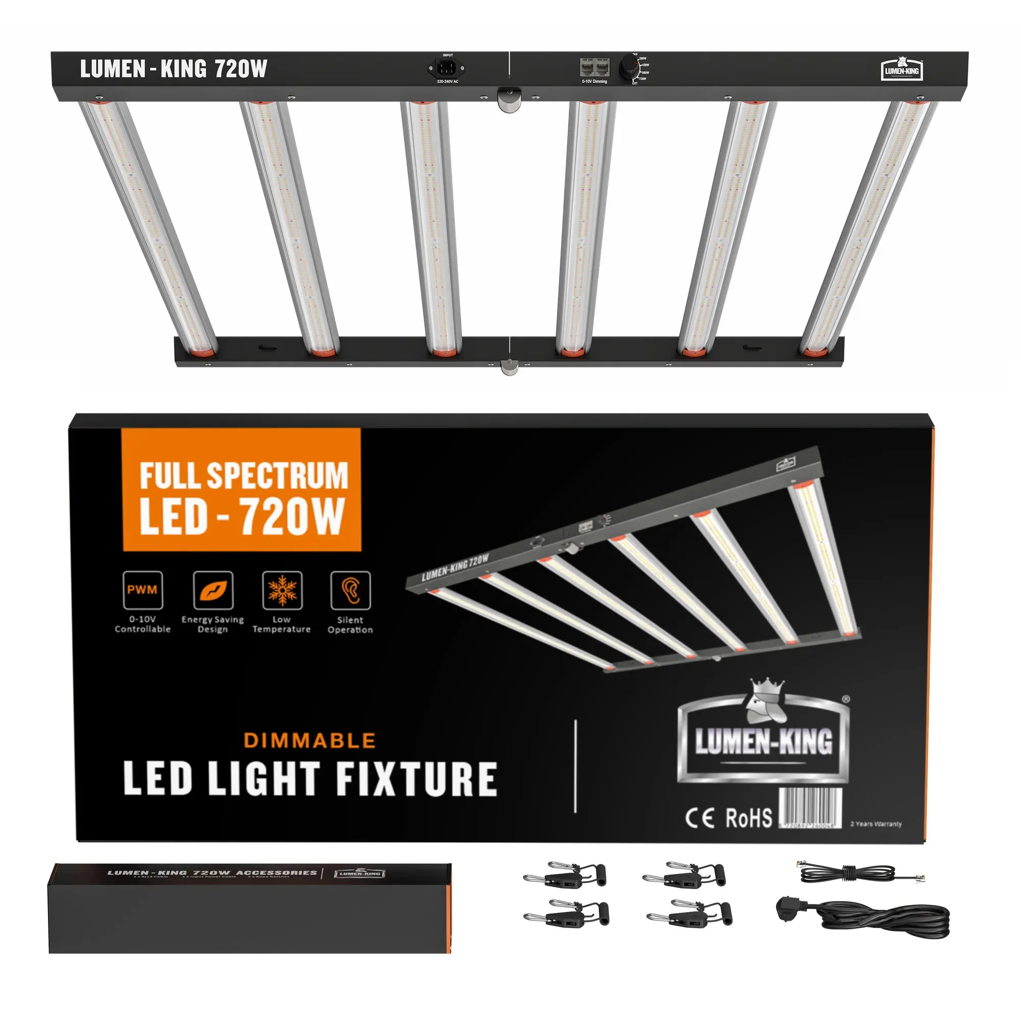 Lumen King 720 W von vorn, darunter Umkarton und Zubehörkarton mit vier Haken und Kabel