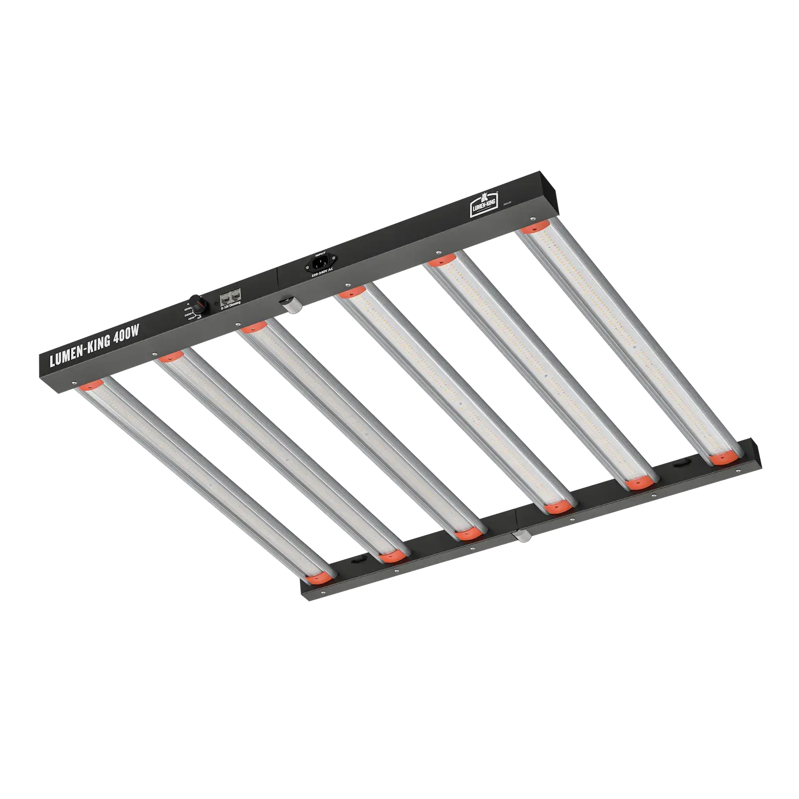 Lumen King 400 W LED Leuchte mit sechs Leuchtbalken in schwarzem Rahmen, schräg von unten