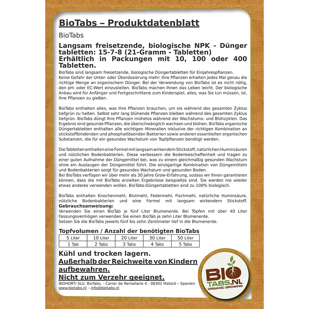 Biotabs Biotabs Produktdatenblatt