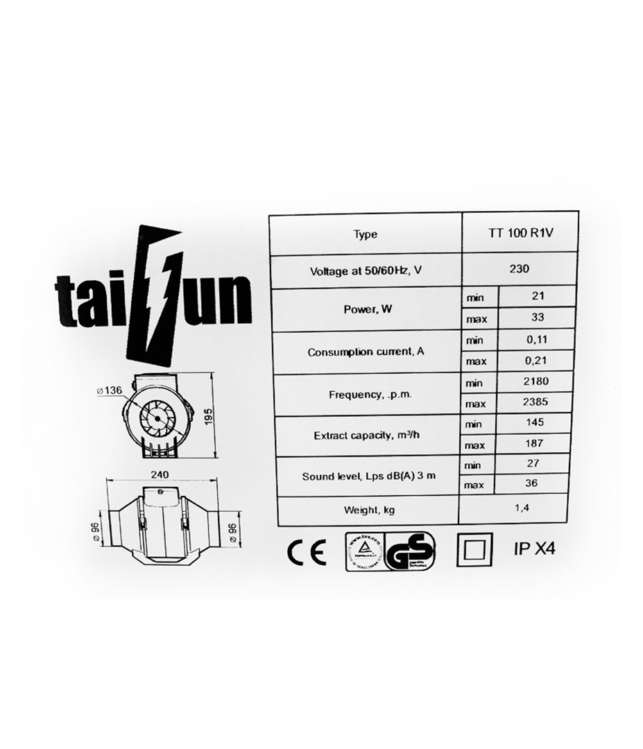Growversand taifun 2speed inline ventilator 145 187m³h 100mm daten
