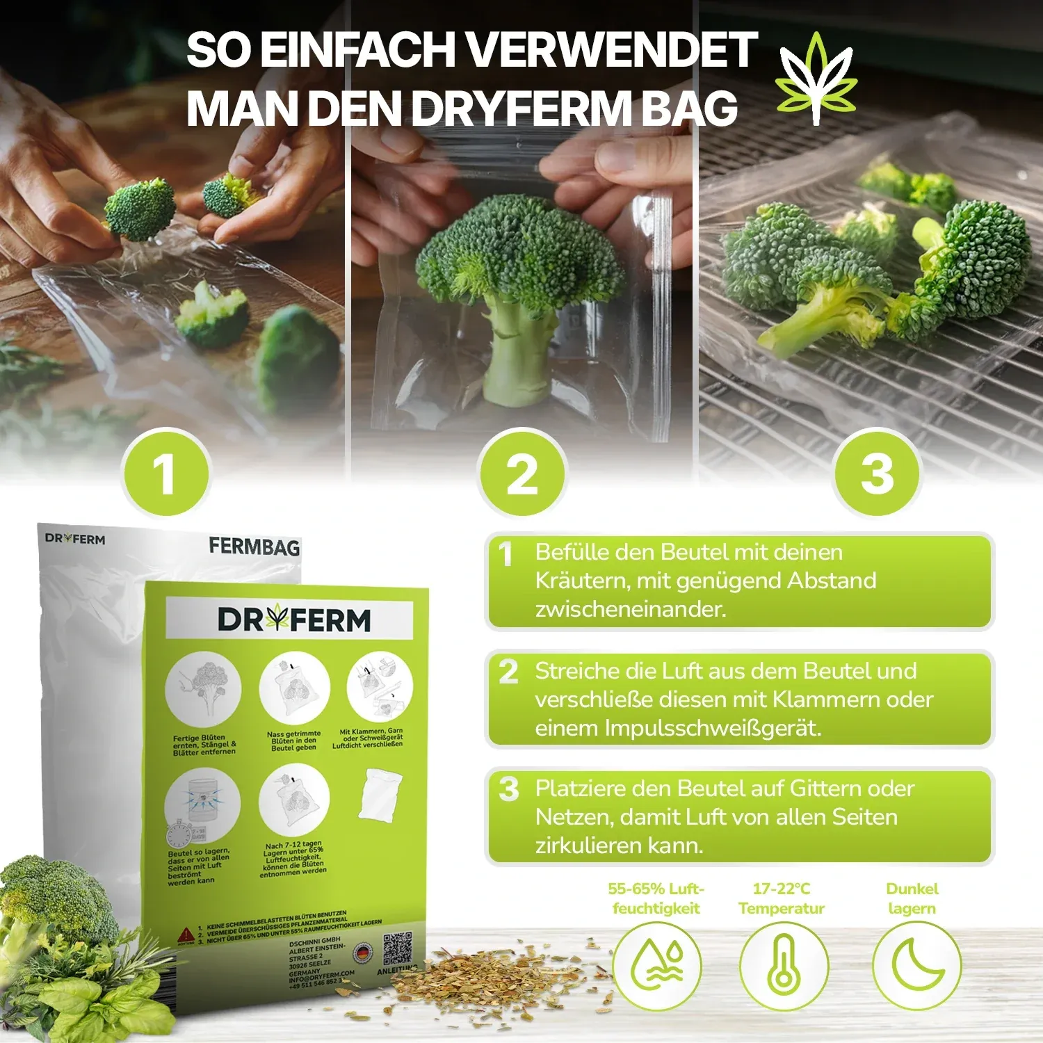 Dryferm Bag Anwendung Schritt 1 bis 3 Bebilderte Anleitung zur Anwendung der Dryferm Bags, Schritte eins bis drei