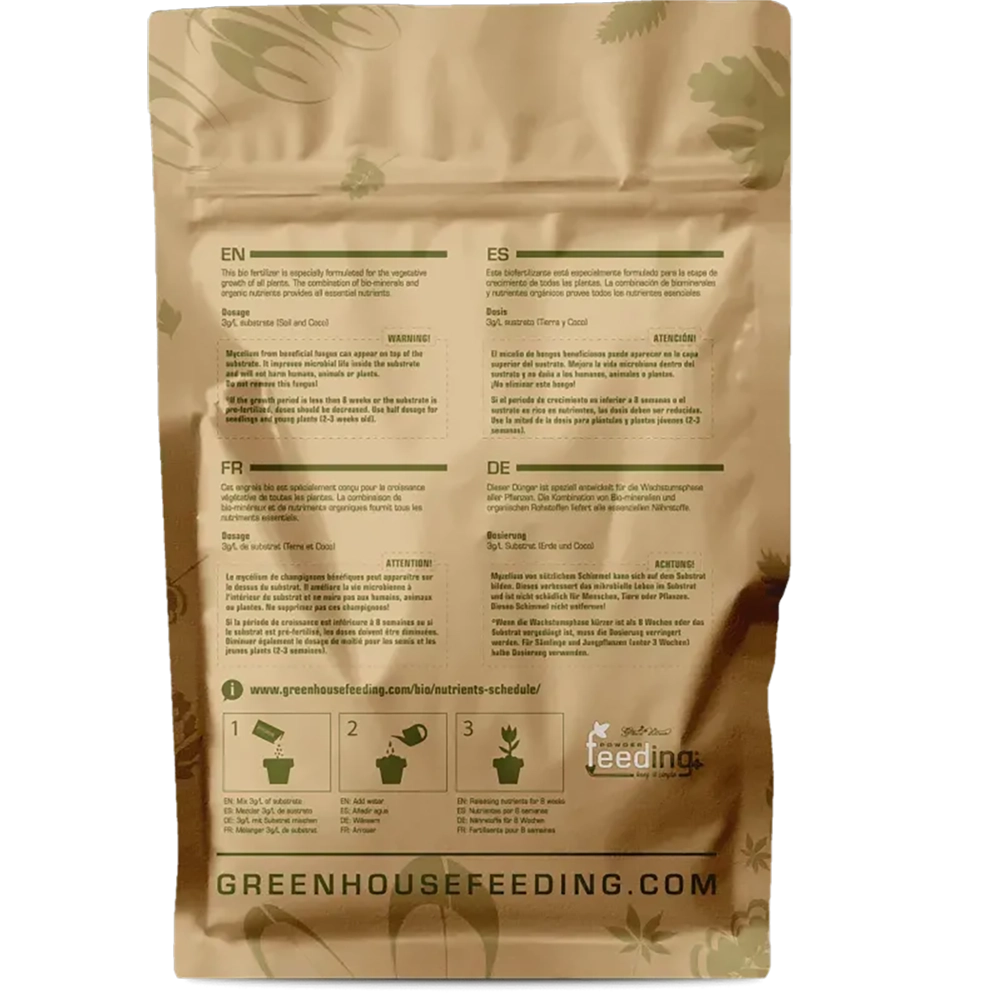 Green House Feeding BioGrow 500g Rückseite Rückseite des Green House Feeding BioGrow Beutels mit 500 Gramm
