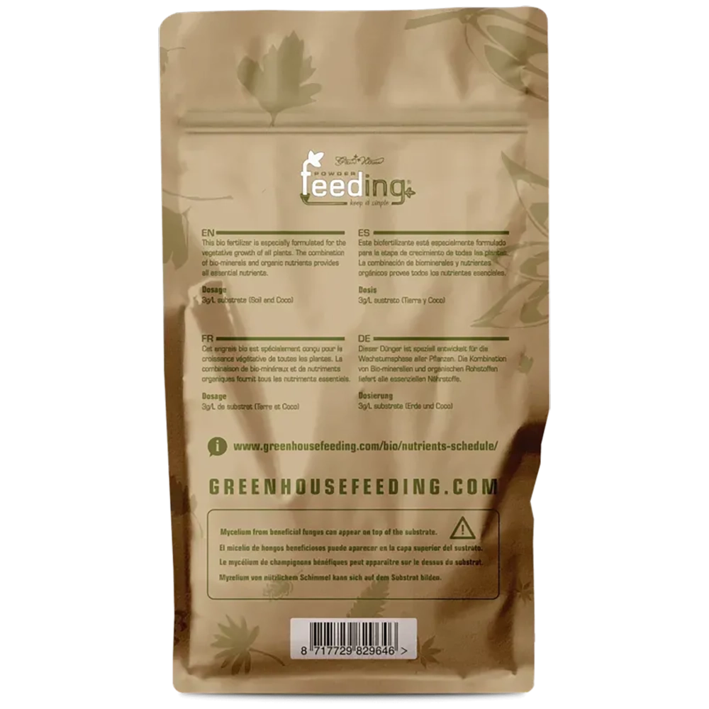 Green House Feeding BioGrow 125g Rückseite Rückseite des Green House Feeding BioGrow Beutels mit 125 Gramm