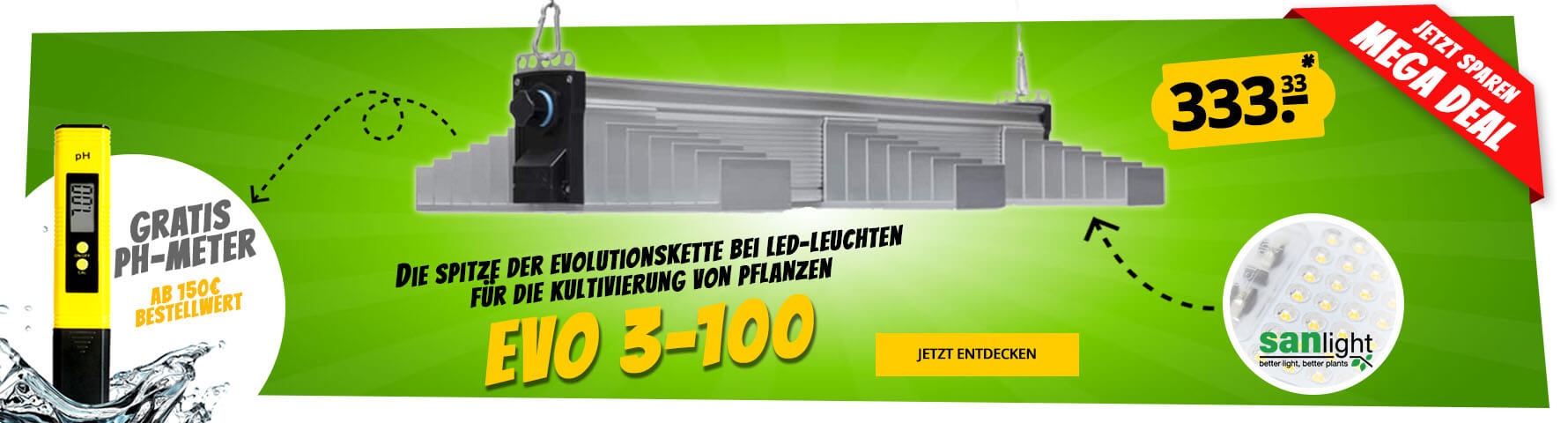 Growversand Slider Grow LED Lampe Sanlight Evo3-100 pH-Meter gratis Megadeal