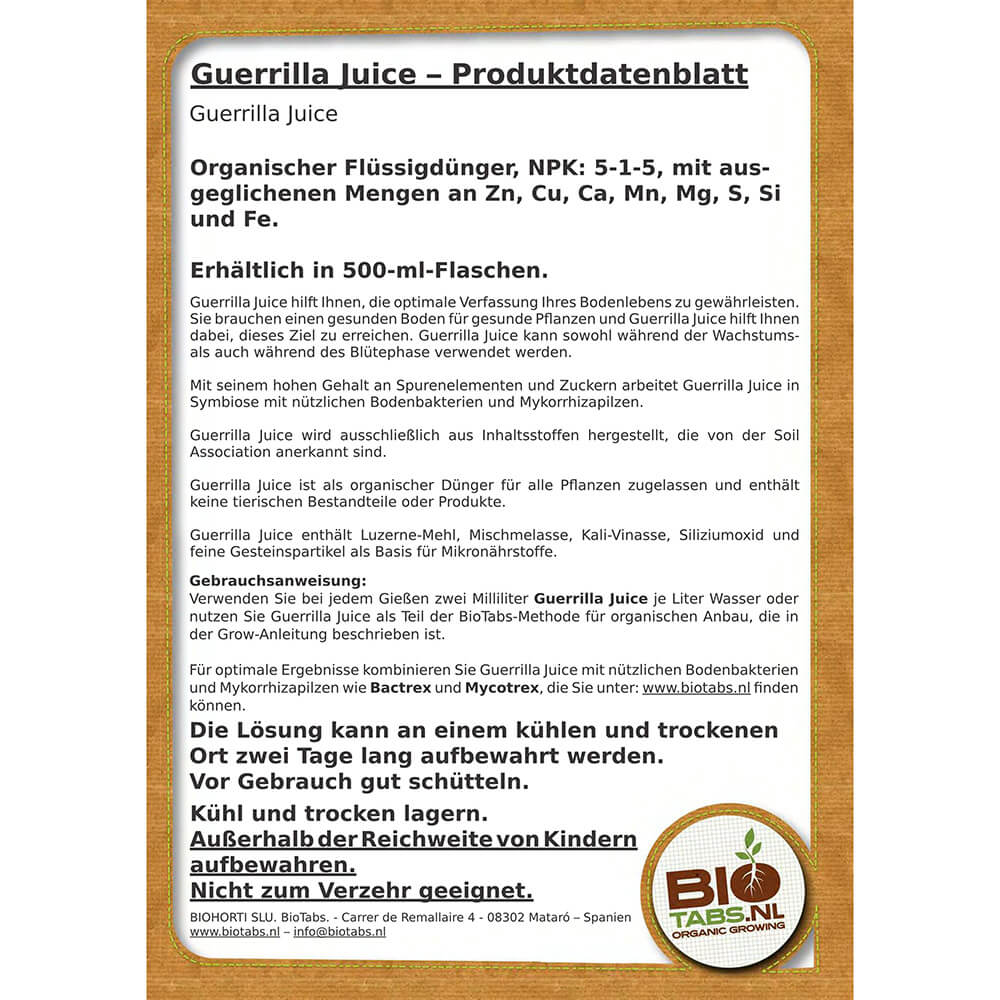 Biotabs Guerrilla Juice Produktdatenblatt