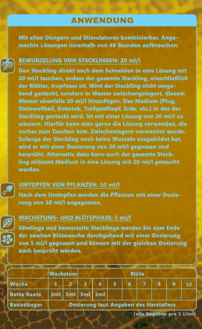 Etikett Rückseite der Betta Roots Flasche von GrowsArtig