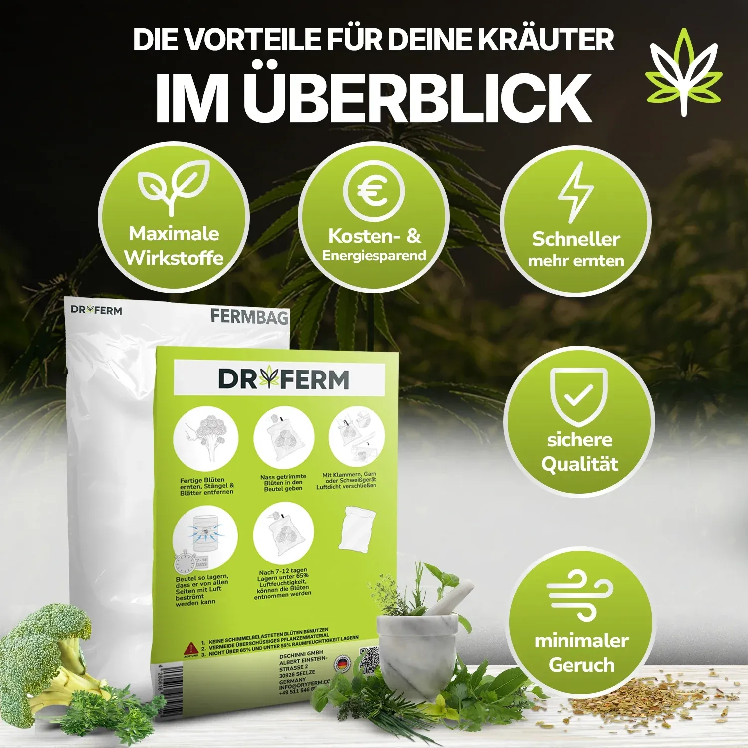 Dryferm Bag Vorteile Infografik zu den Vorteilen der Dryferm Trocknungsbeutel