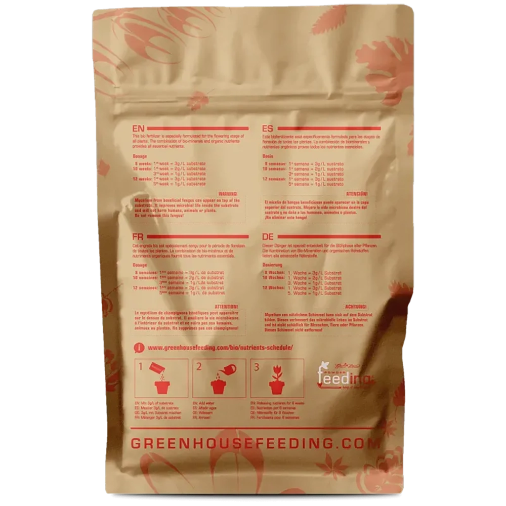 Green House Feeding BioBloom 1kg Rückseite Rückseite des Green House Feeding BioBloom Beutels mit 1 Kilogramm