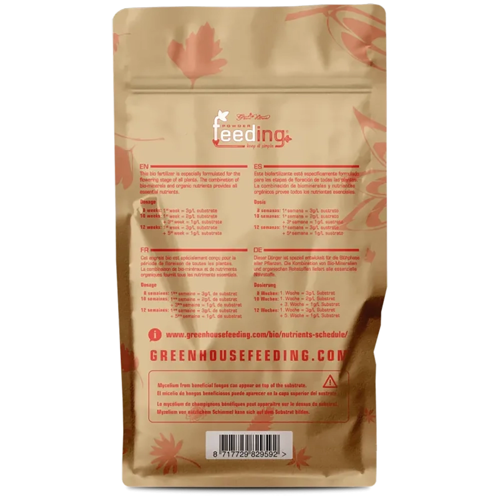 Green House Feeding BioBloom 125g Rückseite Rückseite des Green House Feeding BioBloom Beutels mit 125 Gramm