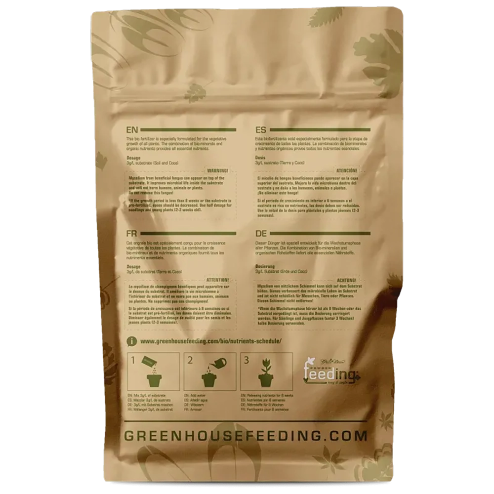 Green House Feeding BioGrow 1kg Rückseite Rückseite des Green House Feeding BioGrow Beutels mit 1 Kilogramm