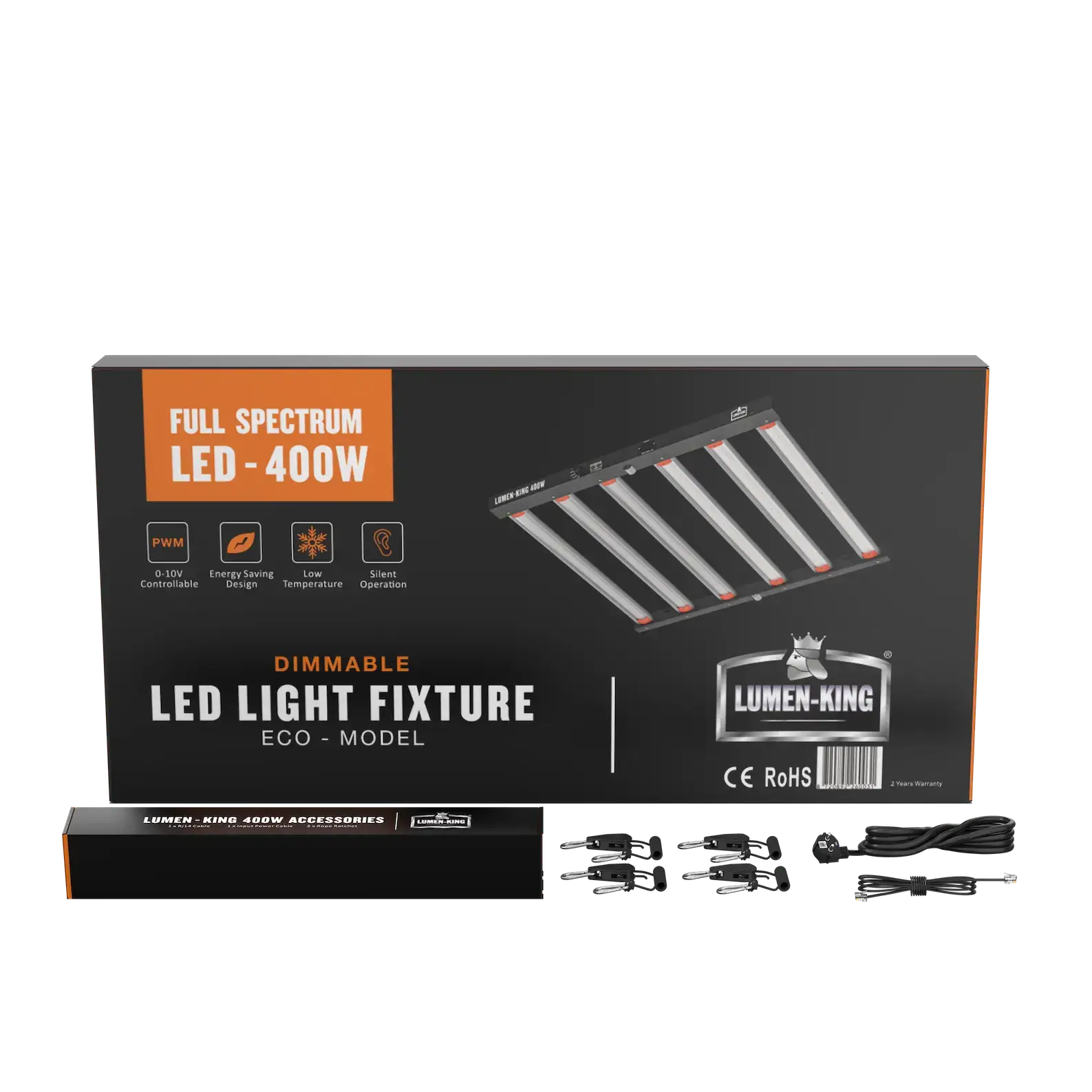 Lumen King LED 400 W Lieferumfang Umkarton der Lumen King 400 W mit Zubehörkarton, Seilratschen und Kabeln davor