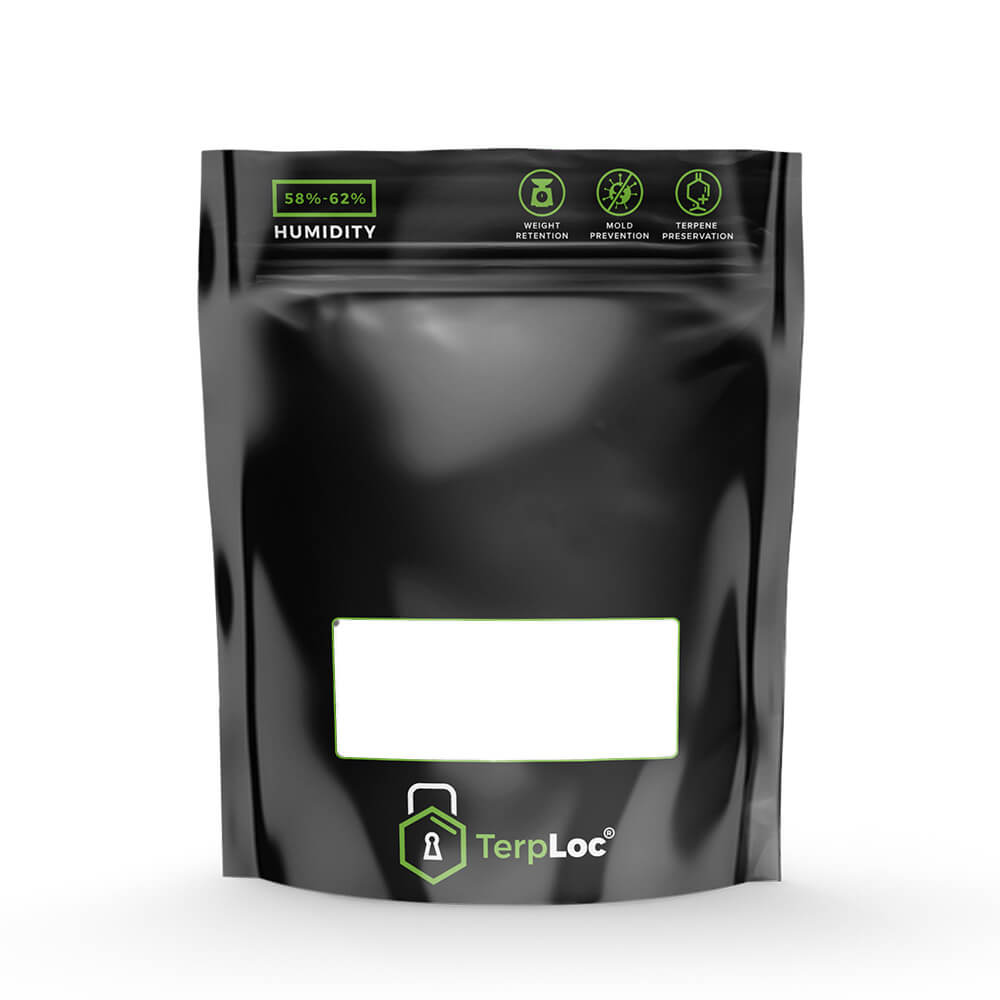 Grove Bags TerpLoc 3,5 g Vorderseite Schwarzer Grove Bags TerpLoc Beutel für 3,5 Gramm mit Etikettenfeld