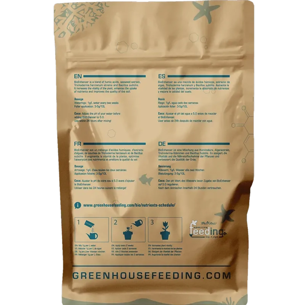 Green House Feeding BioEnhancer 500g Rückseite Rückseite des Green House Feeding BioEnhancer Beutels mit 500 Gramm