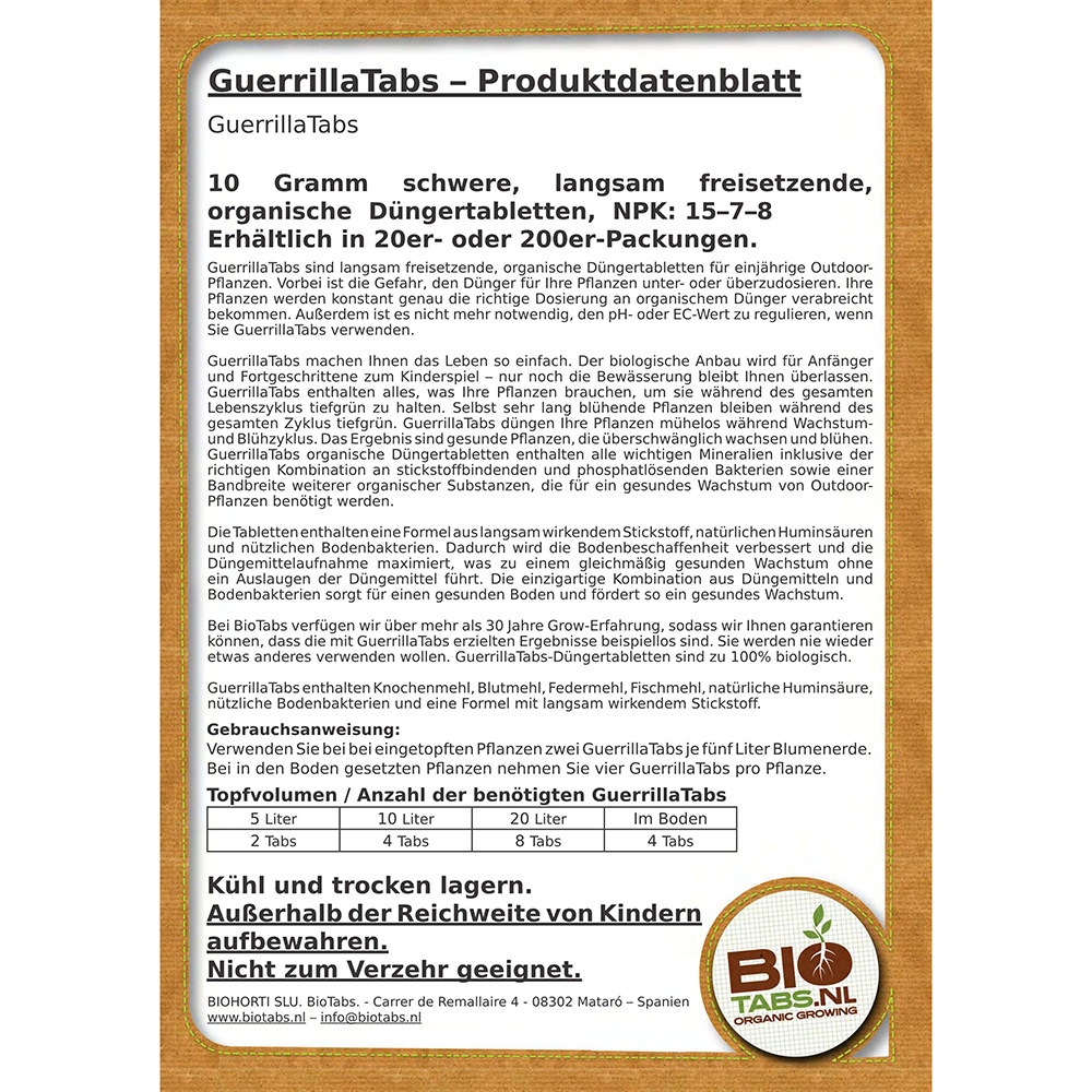 Biotabs Guerrilla Tabs Produktdatenblatt