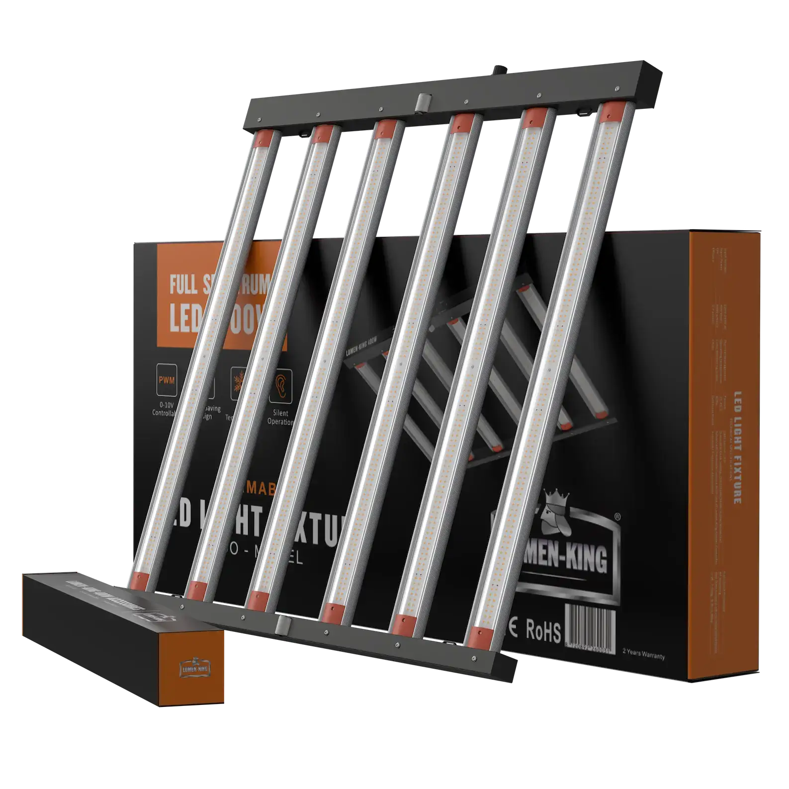 Aufgestellte Lumen King 400 W vor dem Umkarton mit Aufdruck Full Spectrum LED 400W