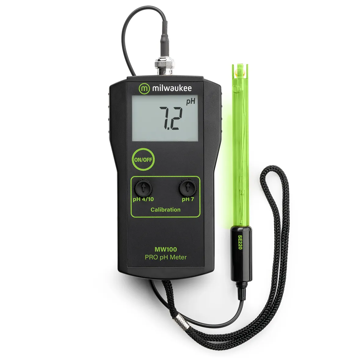 Milwaukee MW100 PRO pH-Messgerät von vorn mit Display, ON/OFF-Taste, zwei Kalibriertrimmern und Elektrode SE220