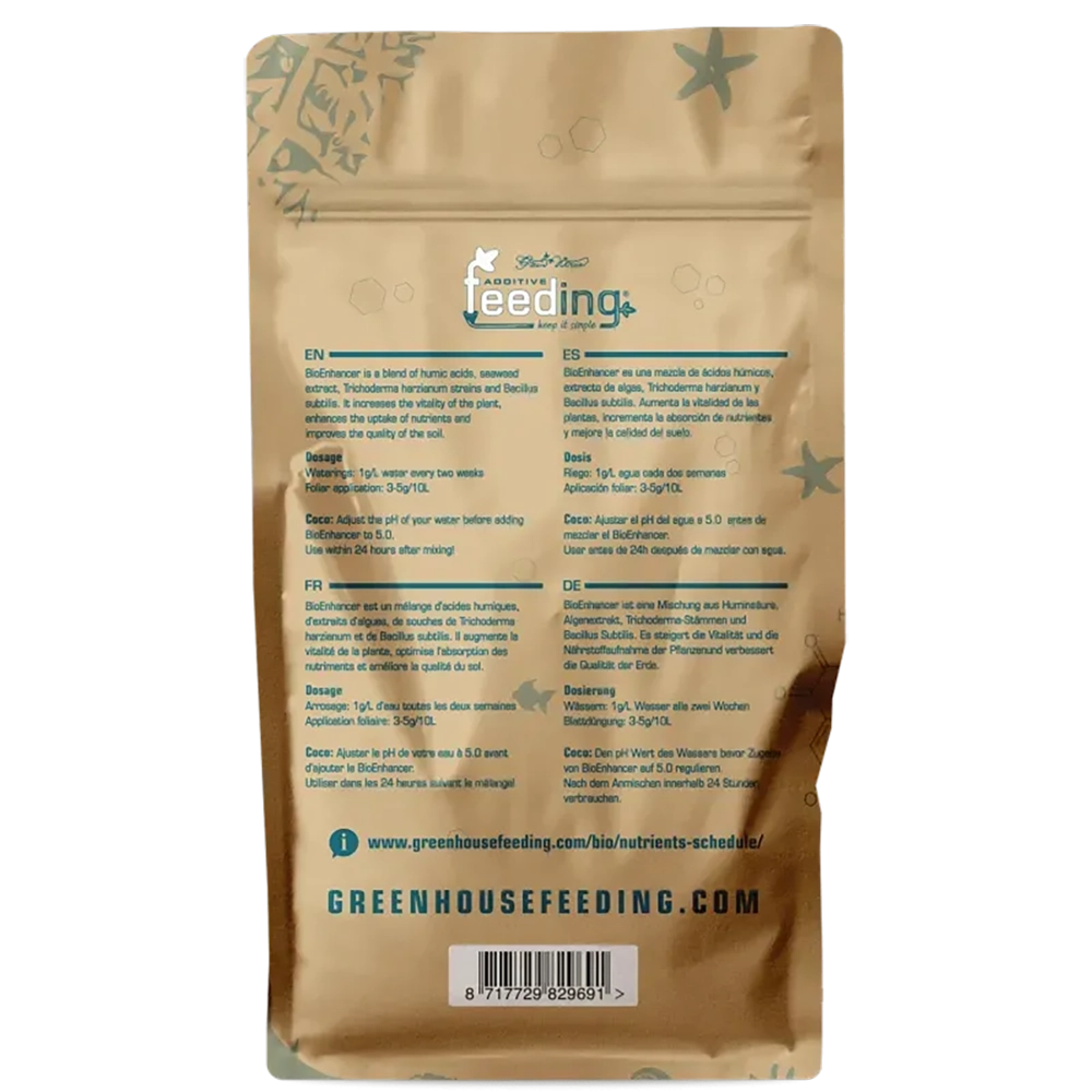 Green House Feeding BioEnhancer 125g Rückseite Rückseite des Green House Feeding BioEnhancer Beutels mit 125 Gramm