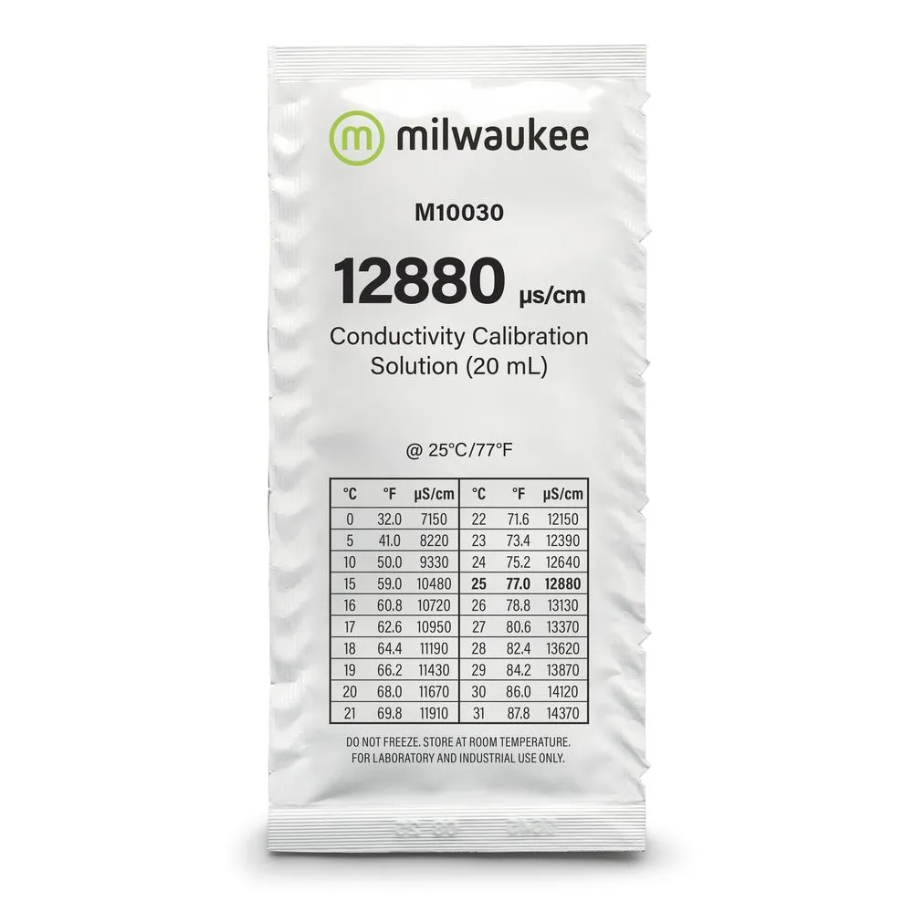 Milwaukee EC-Kalibrierlösung 12,88 mS/cm Milwaukee M10030 Beutel mit EC-Kalibrierlösung 12880 µS/cm und aufgedruckter Temperaturtabelle
