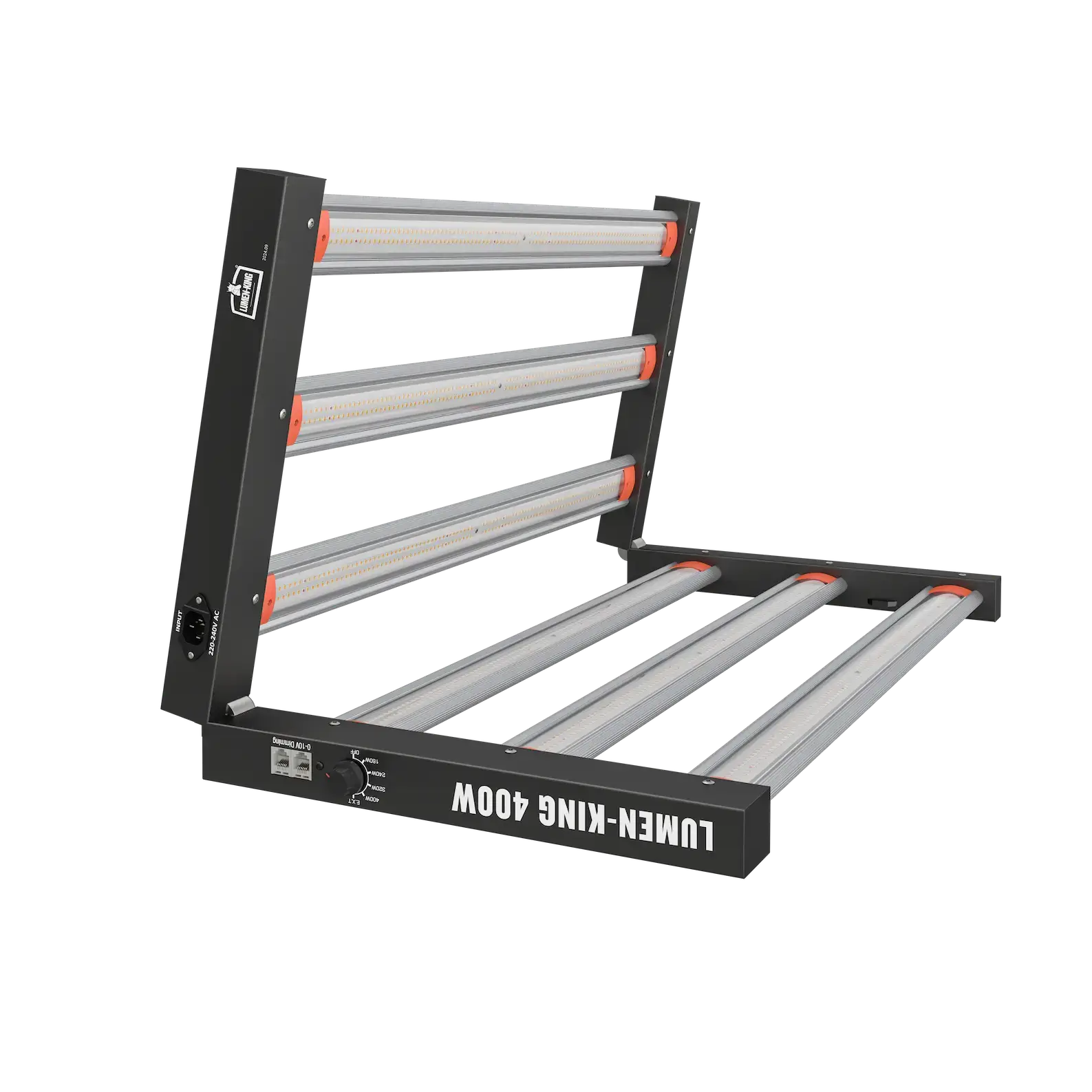 Lumen King 400 W halb zusammengeklappt, drei Leuchtbalken stehen im Winkel zum Rahmen