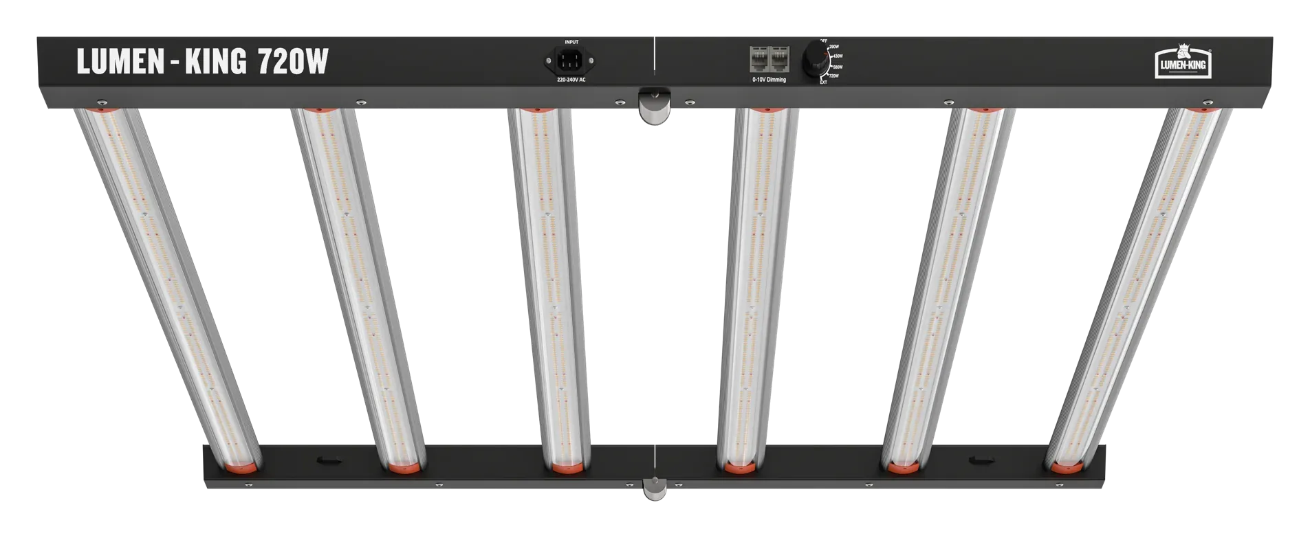 Lumen King 720 W LED Leuchte von vorn, sechs Leuchtbalken hängen am schwarzen Rahmen