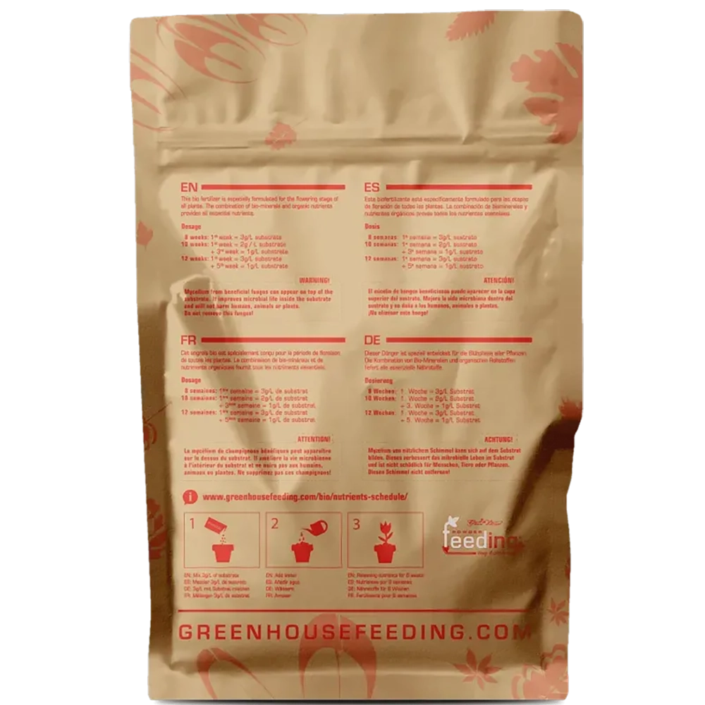 Green House Feeding BioBloom 500g Rückseite Rückseite des Green House Feeding BioBloom Beutels mit 500 Gramm