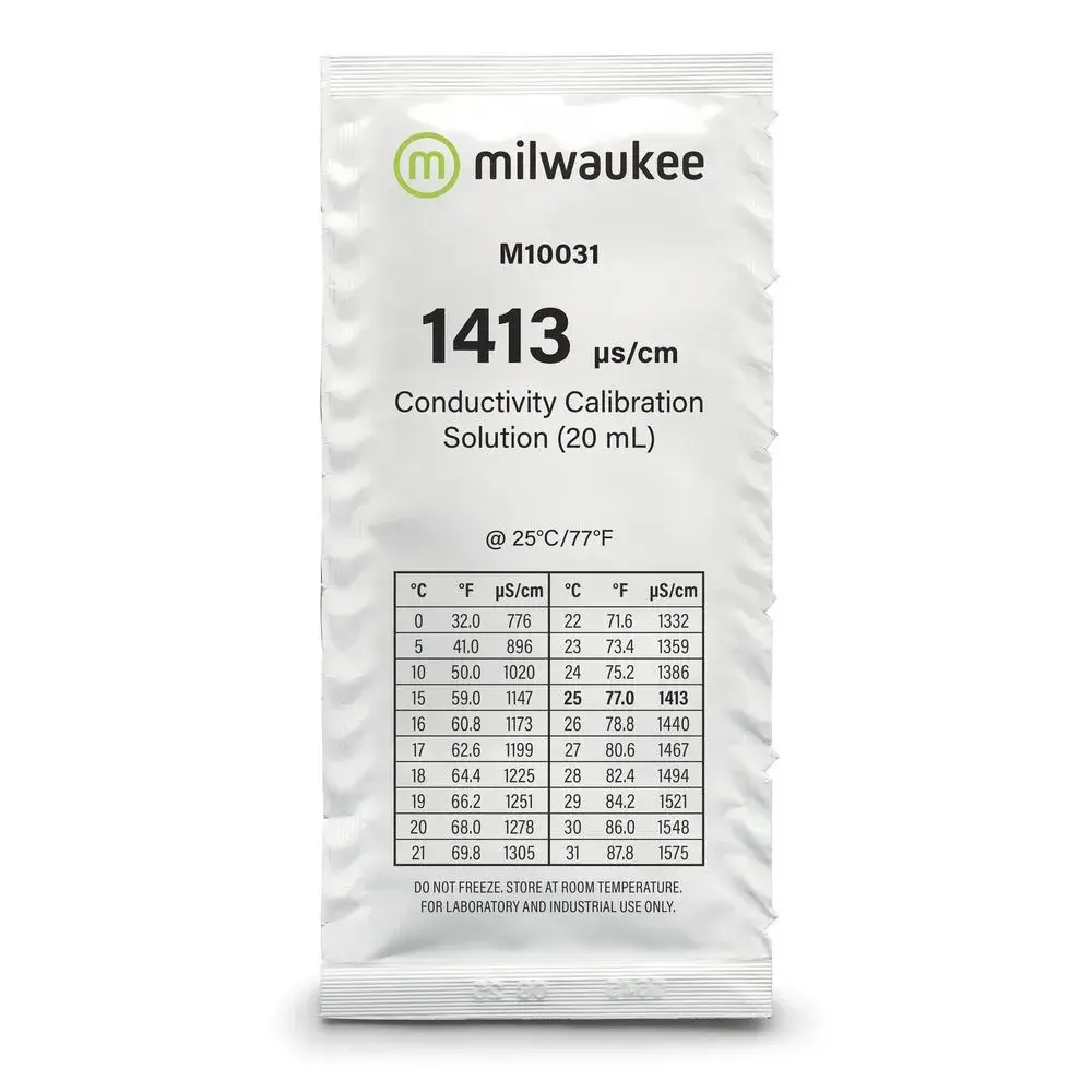 Milwaukee EC-Kalibrierlösung 1,413 mS/cm Milwaukee M10031 Beutel mit EC-Kalibrierlösung 1413 µS/cm und aufgedruckter Temperaturtabelle