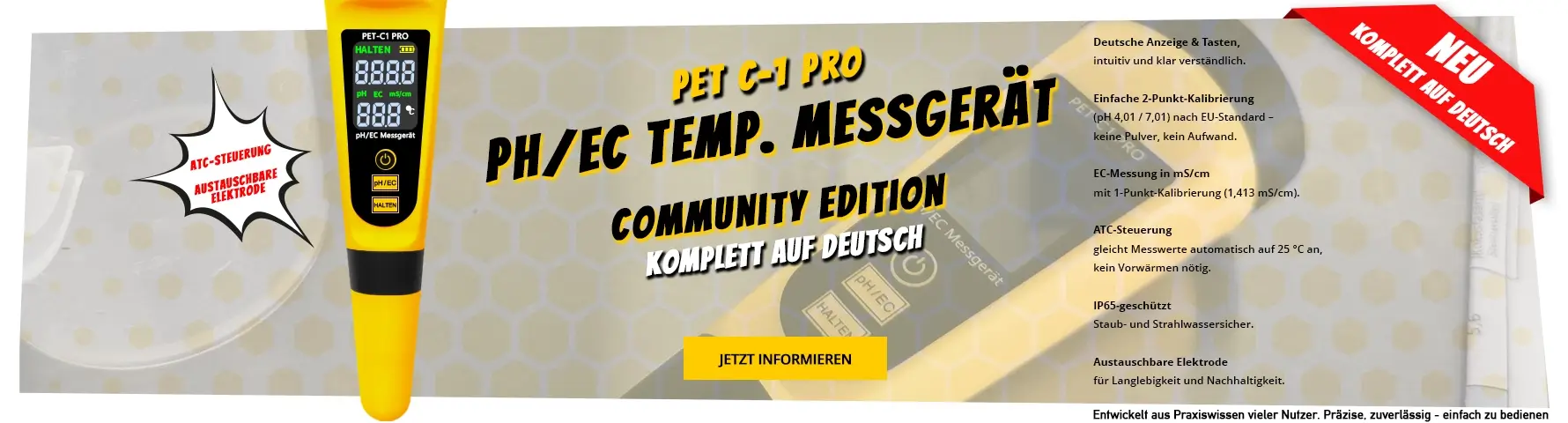 PET-C1 PRO Community Edition Banner breit PET-C1 PRO Messgerät Community Edition, komplett auf Deutsch, mit Merkmalen rechts im Bild