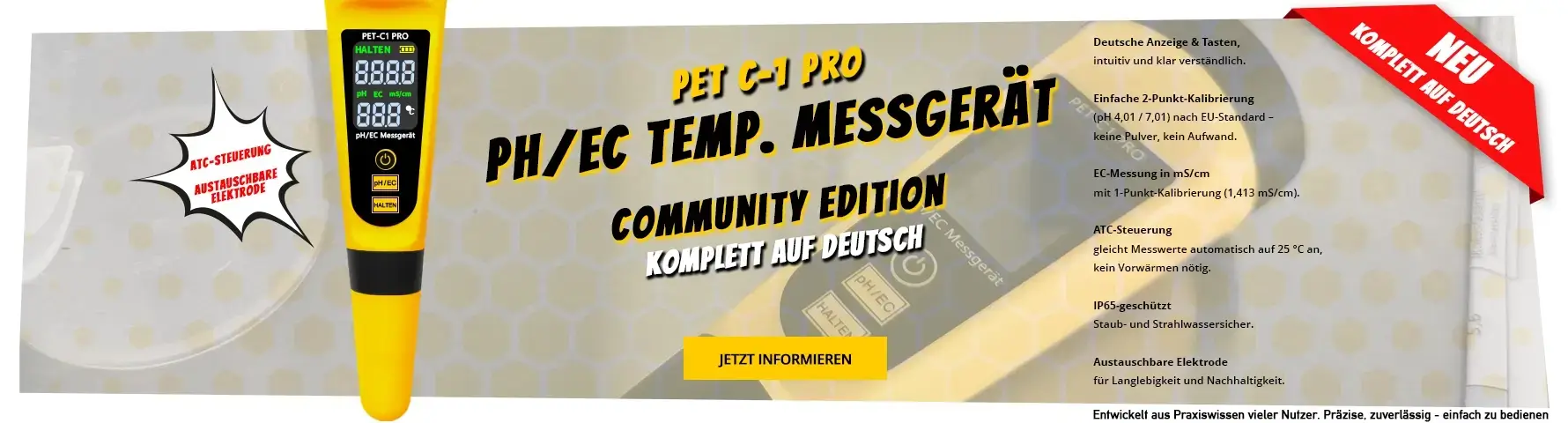 PET-C1 PRO Community Edition Banner breit PET-C1 PRO Messgerät Community Edition, komplett auf Deutsch, mit Merkmalen rechts im Bild